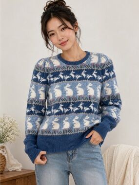 Vintage Moussie Bunny Rabbit Fair Isle Sweater Blue Puff Sleeve Cottagecore XS